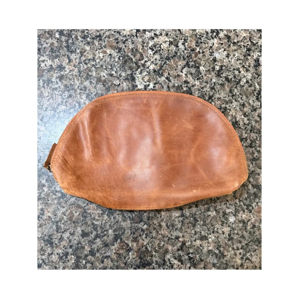 Cognac Brown Leather Half Moon Zipper Pouch Travel Cosmetic Bag Monogram SAP
